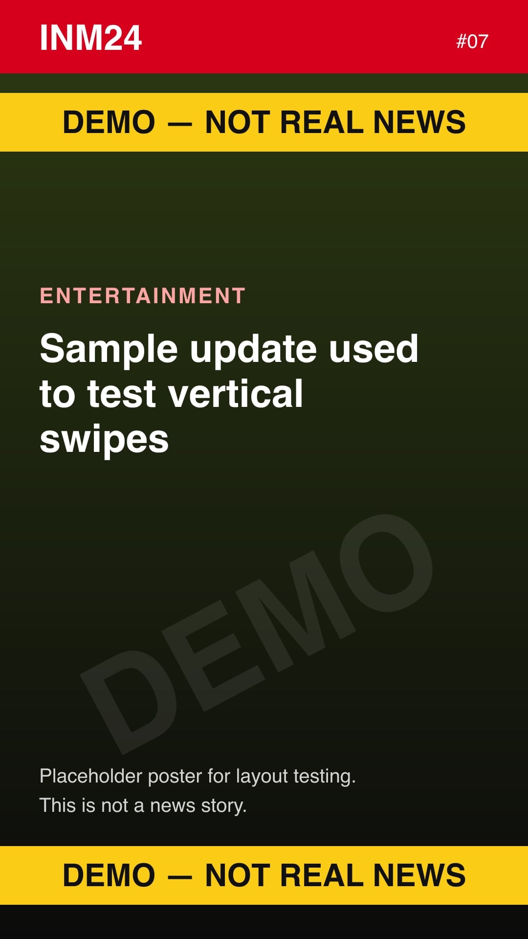Demo placeholder poster labelled "Demo — not real news": Sample update used to test vertical swipes