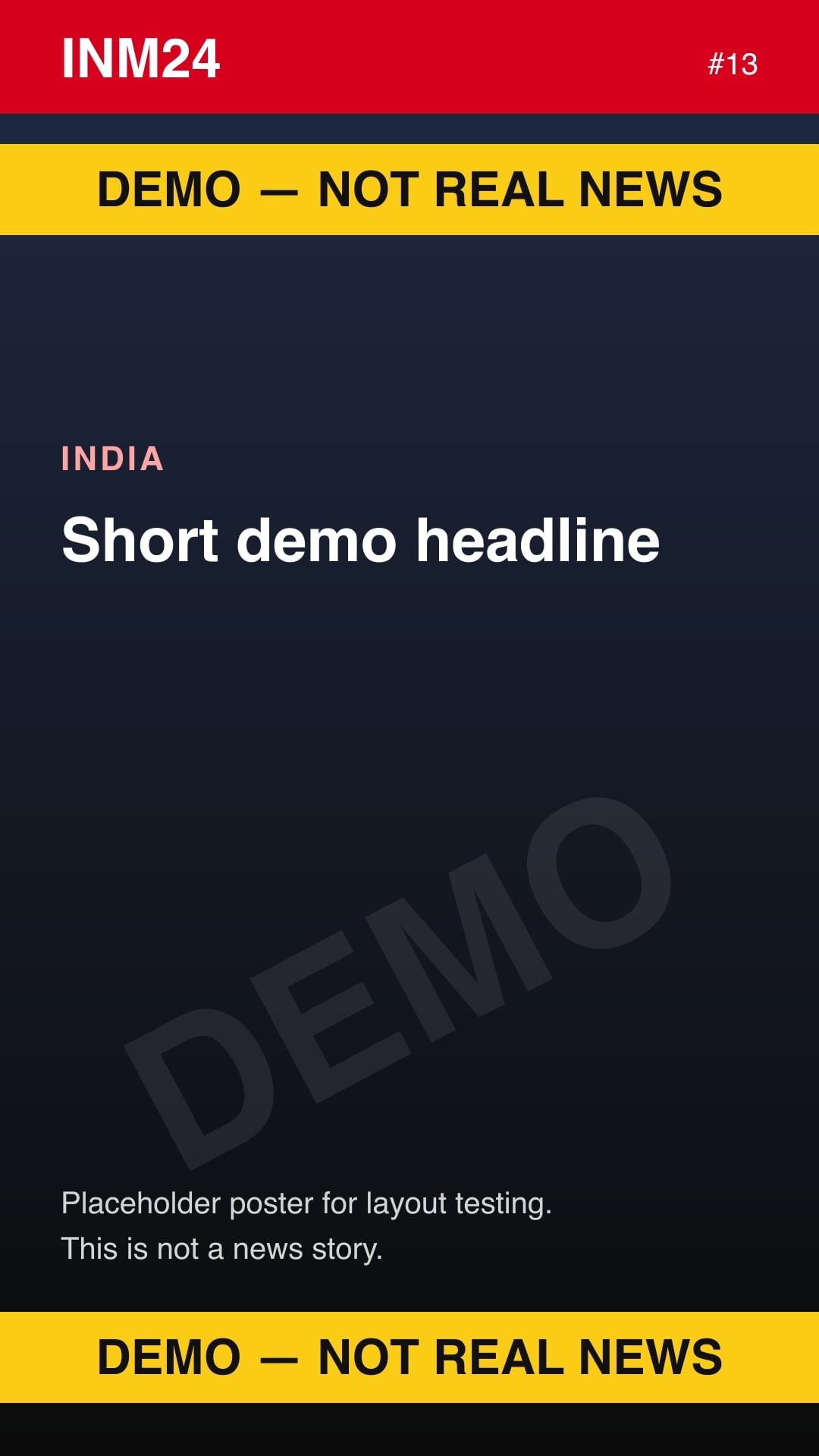 Demo placeholder poster labelled "Demo — not real news": Short demo headline
