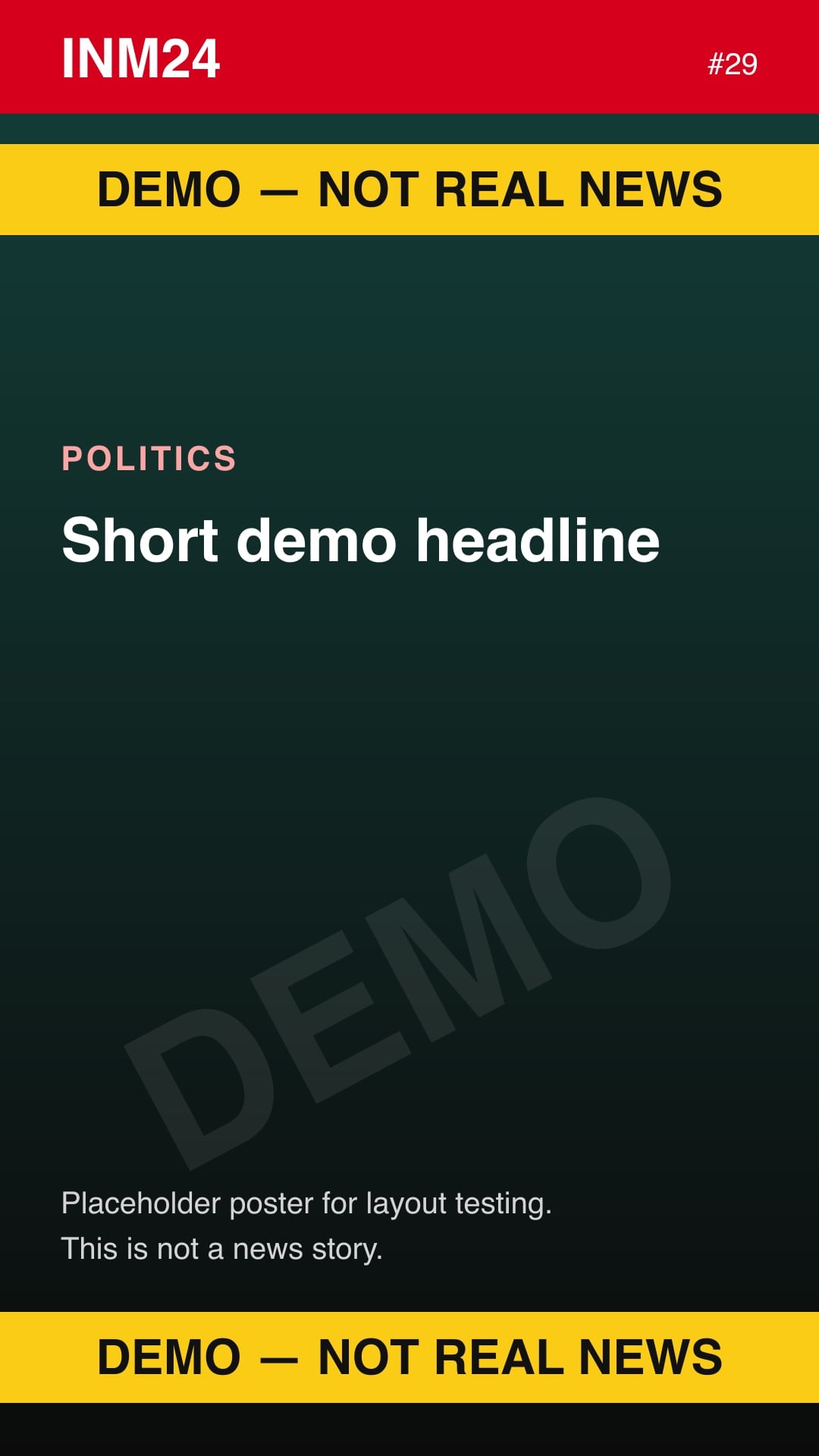 Demo placeholder poster labelled "Demo — not real news": Short demo headline