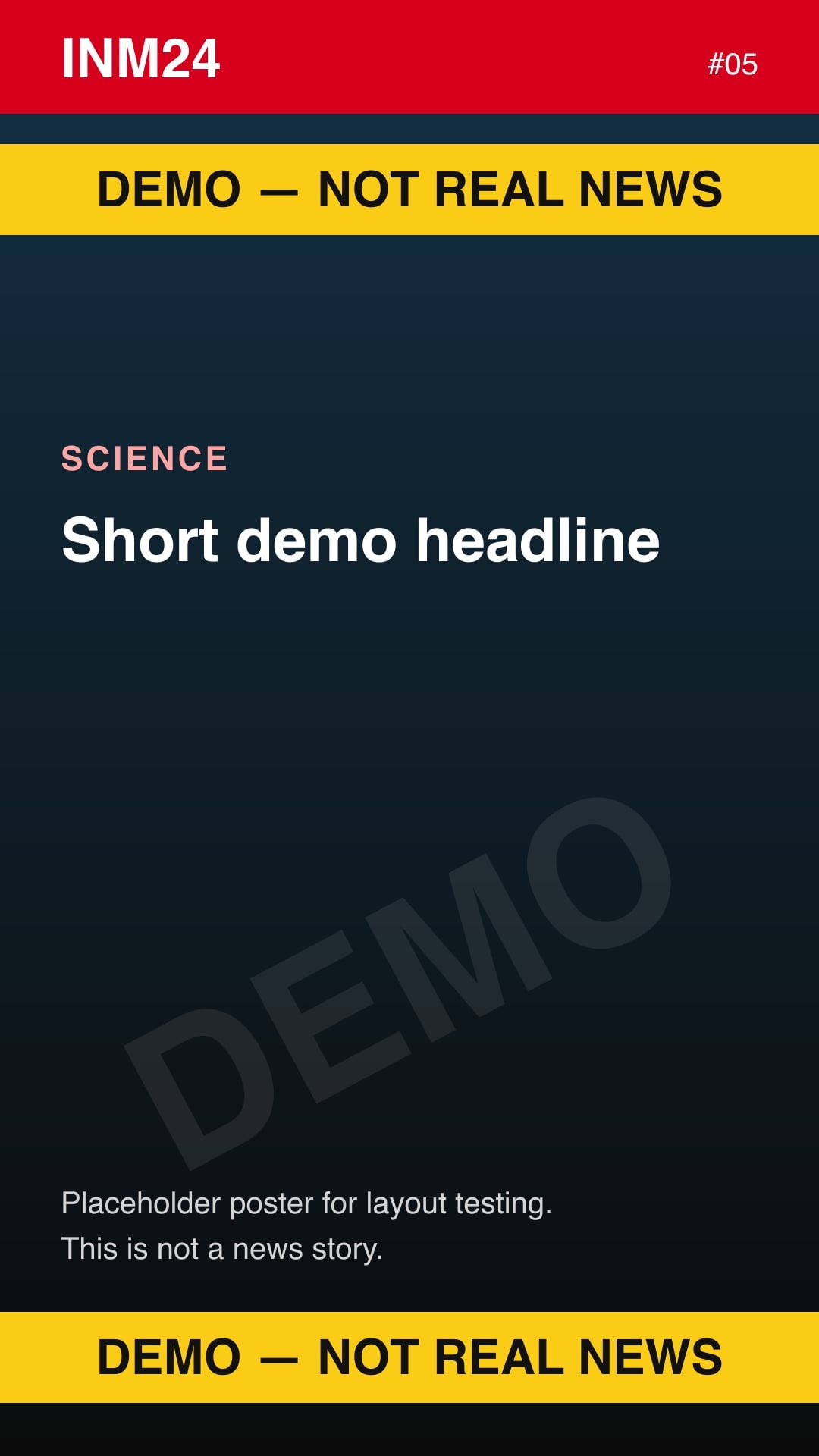 Demo placeholder poster labelled "Demo — not real news": Short demo headline