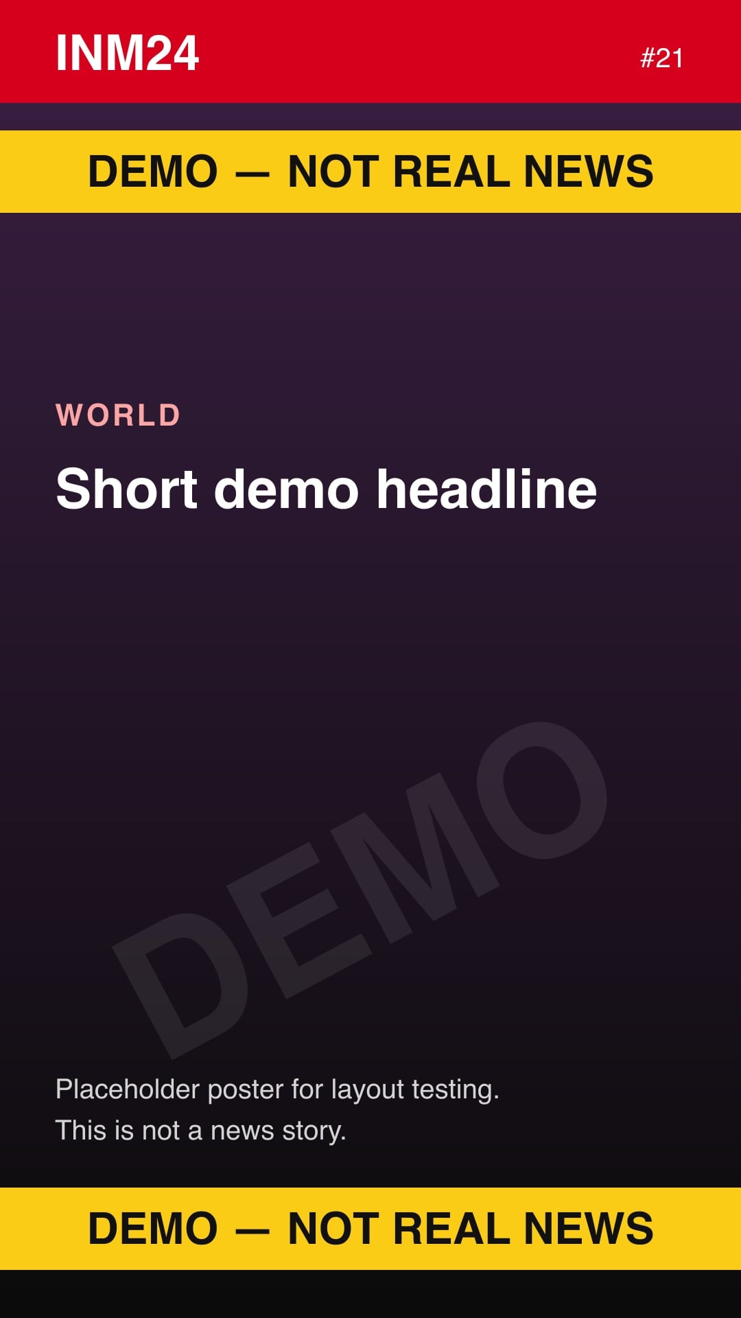 Demo placeholder poster labelled "Demo — not real news": Short demo headline