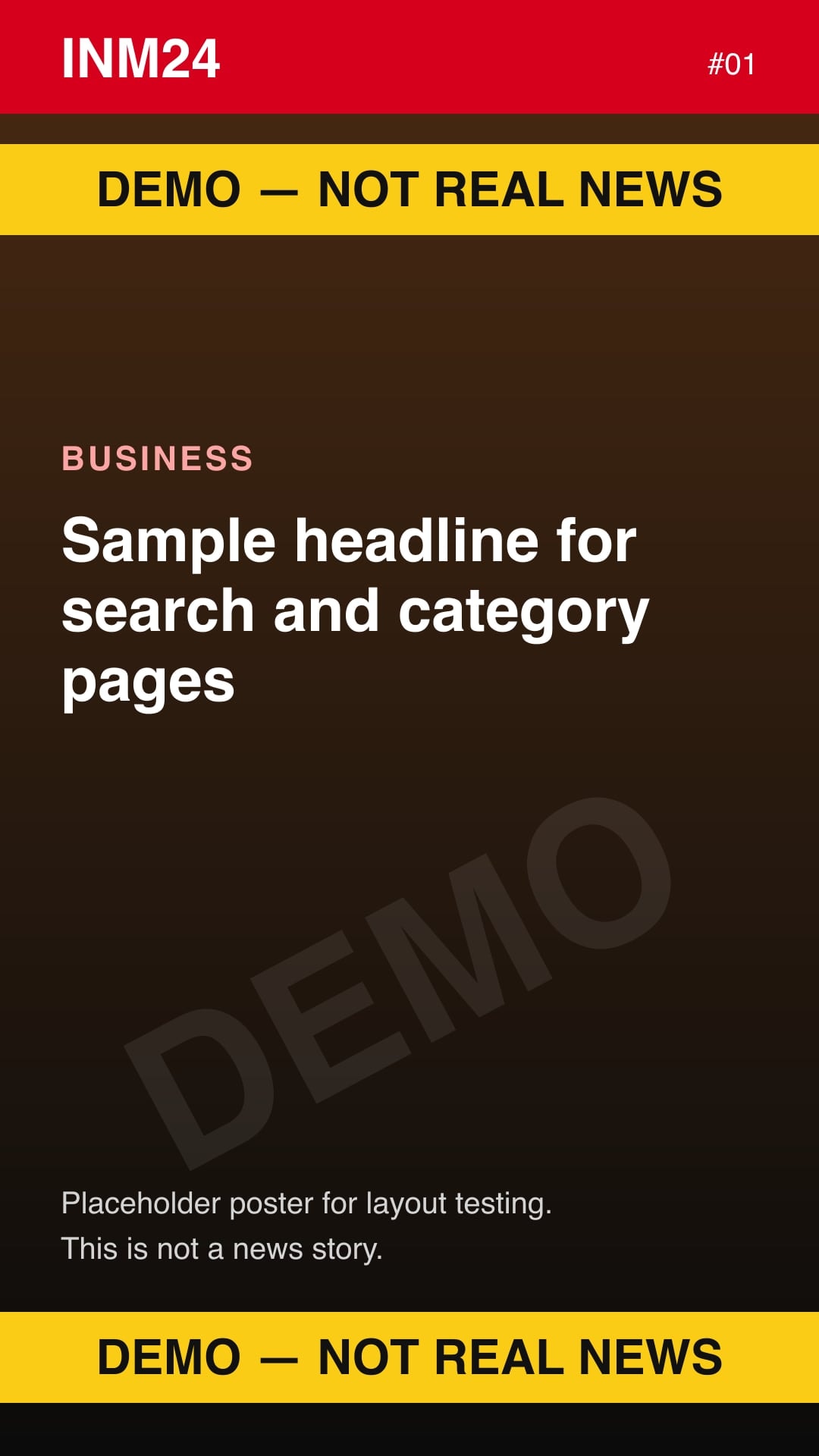 Demo placeholder poster labelled "Demo — not real news": Sample headline for search and category pages
