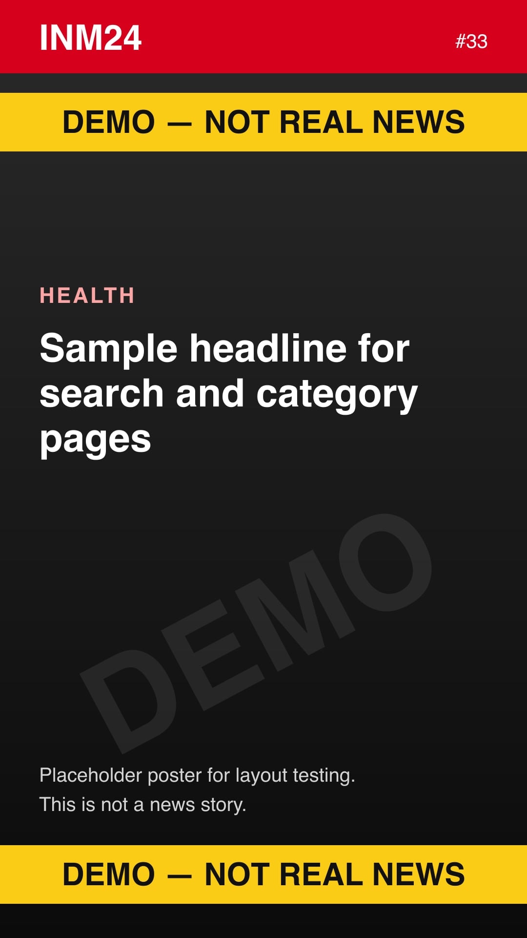 Demo placeholder poster labelled "Demo — not real news": Sample headline for search and category pages
