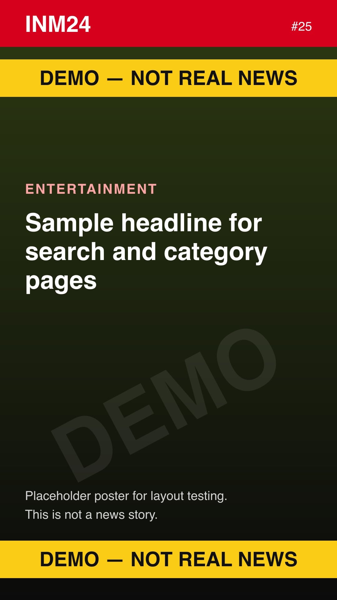 Demo placeholder poster labelled "Demo — not real news": Sample headline for search and category pages