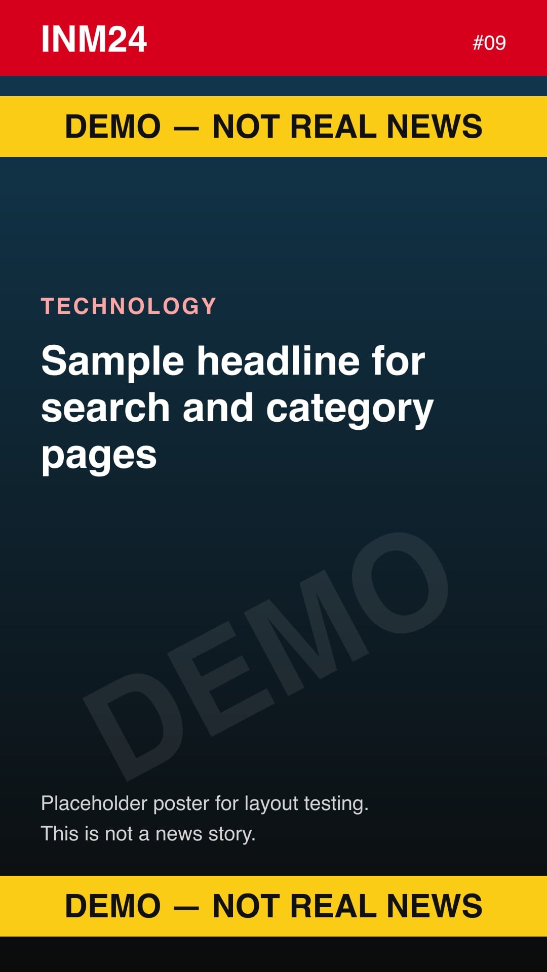 Demo placeholder poster labelled "Demo — not real news": Sample headline for search and category pages