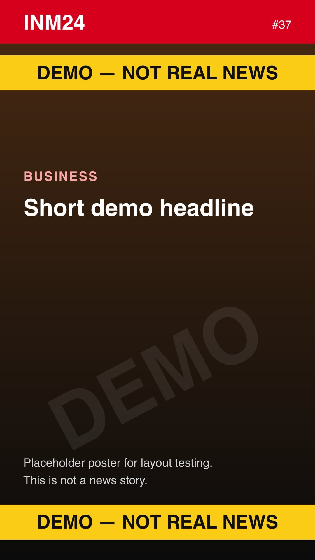 Demo placeholder poster labelled "Demo — not real news": Short demo headline