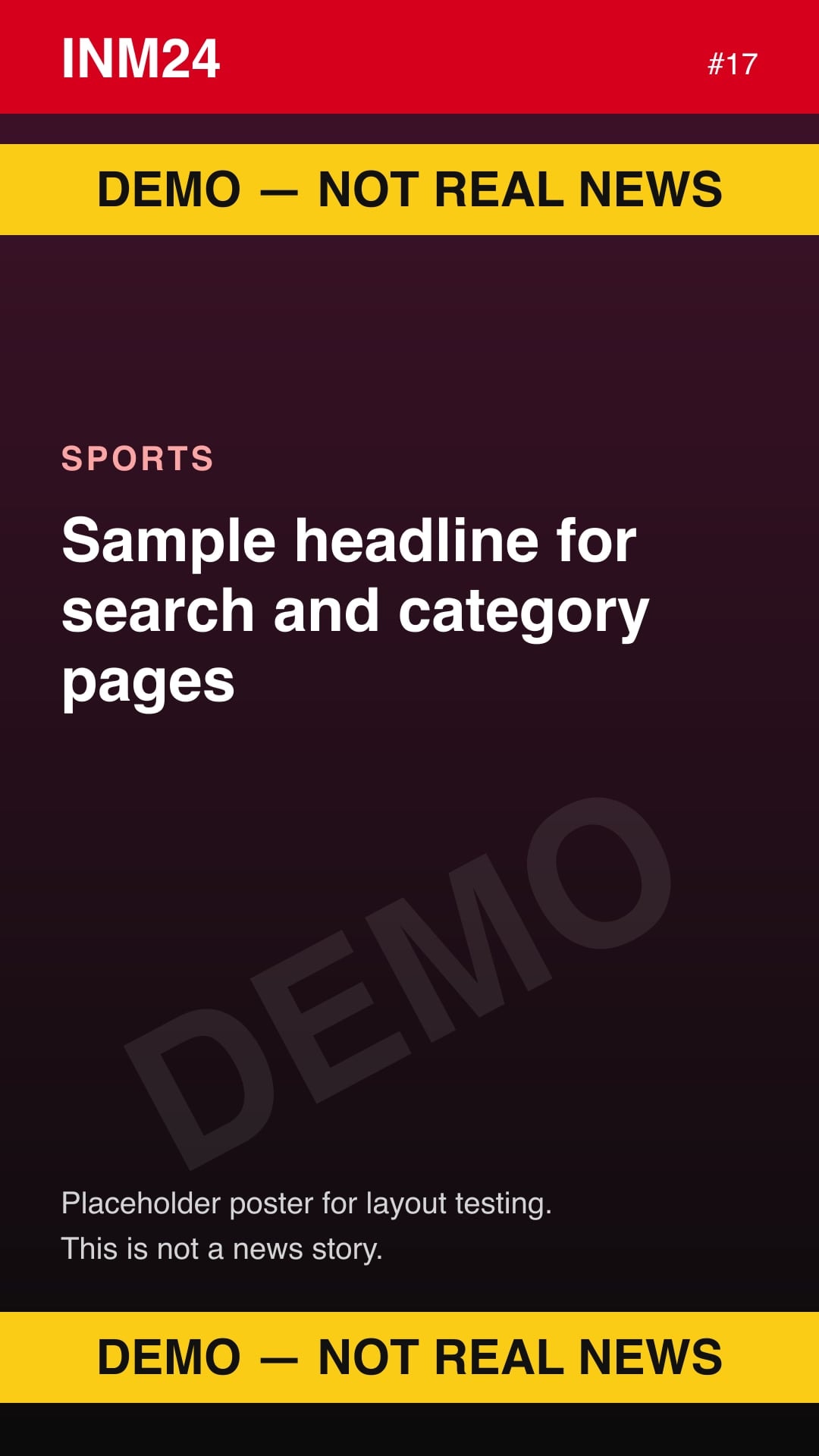 Demo placeholder poster labelled "Demo — not real news": Sample headline for search and category pages